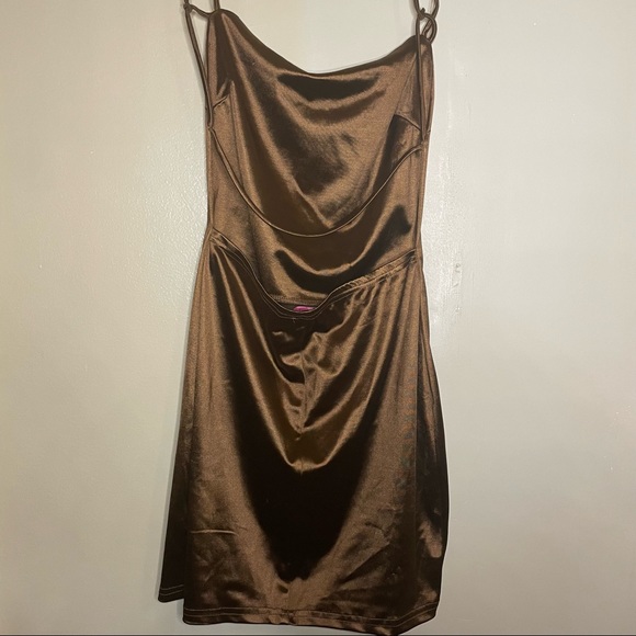 Brown Crowl Neck Mini Satin Dress - Picture 3 of 6